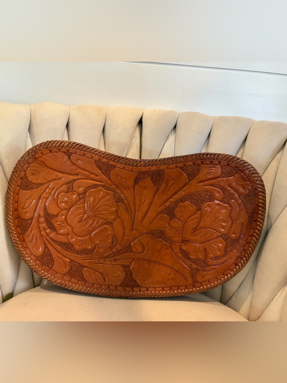 Hand-Tooled Floral Leather Clutch Wristlet - Tan leather